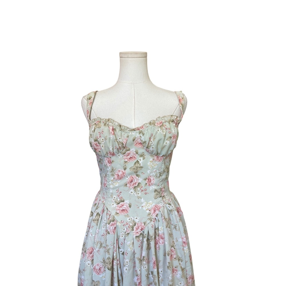 Milkmaid Cottagecore Basque Waist Floral Dress Size M Romantic Victorian Pastel - Picture 3 of 9